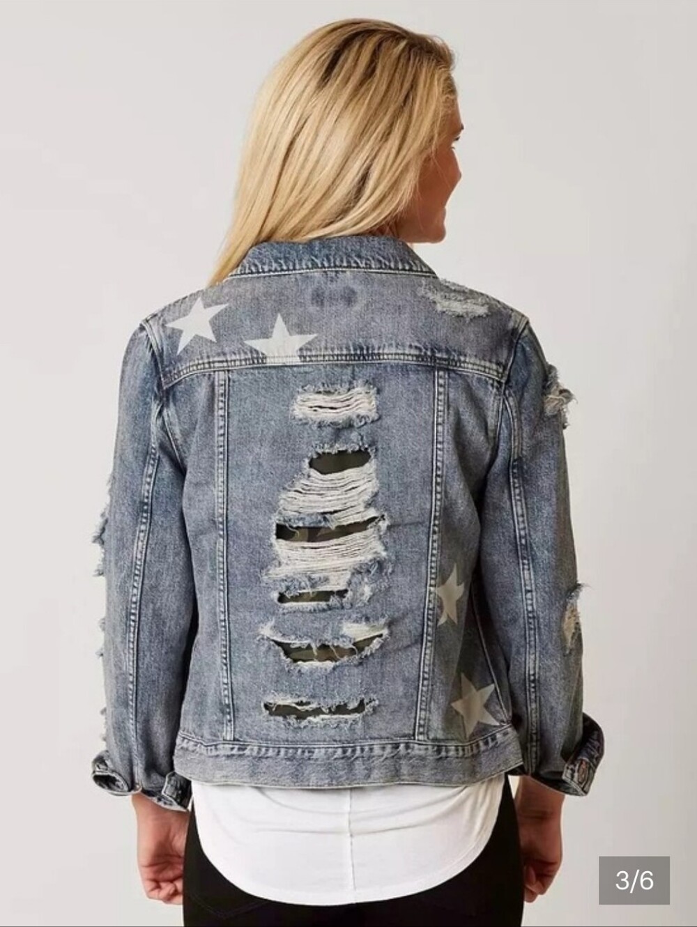 Miss Me Blue Star-Camo Print Distressed Denim Jacket - Like NEW